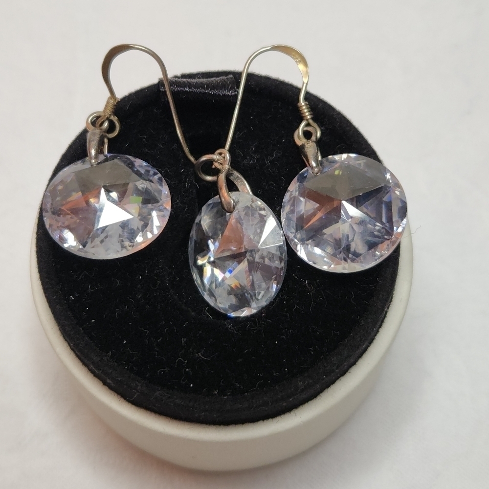 Vtg Silver Crystal Pendant Earrings Set